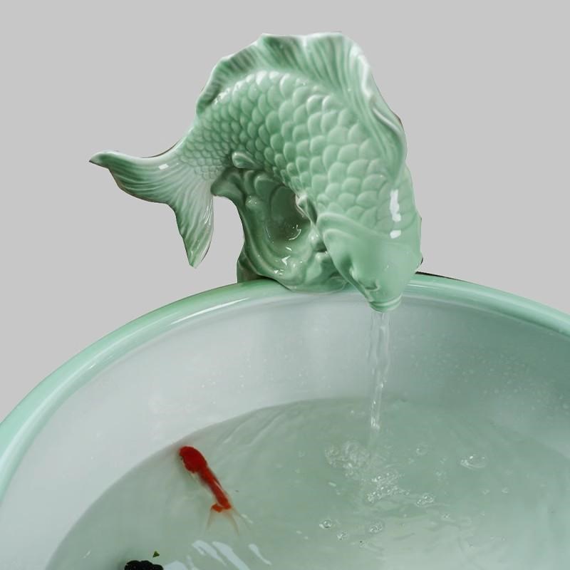 景德镇中式影青陶瓷鱼缸循环流水摆件养鱼盆带过滤金鱼缸客厅家用