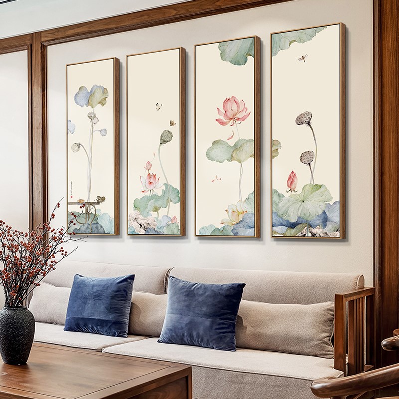 玄关禅意墙画竖新中式沙发背景墙四联挂画客厅荷花装饰画茶室壁画