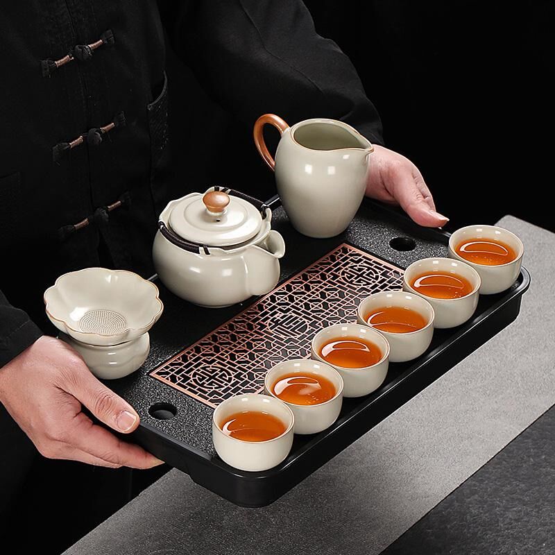 言恺汝窑开片陶瓷功夫茶具套装家用小型中式茶盘盖碗茶杯办公会客