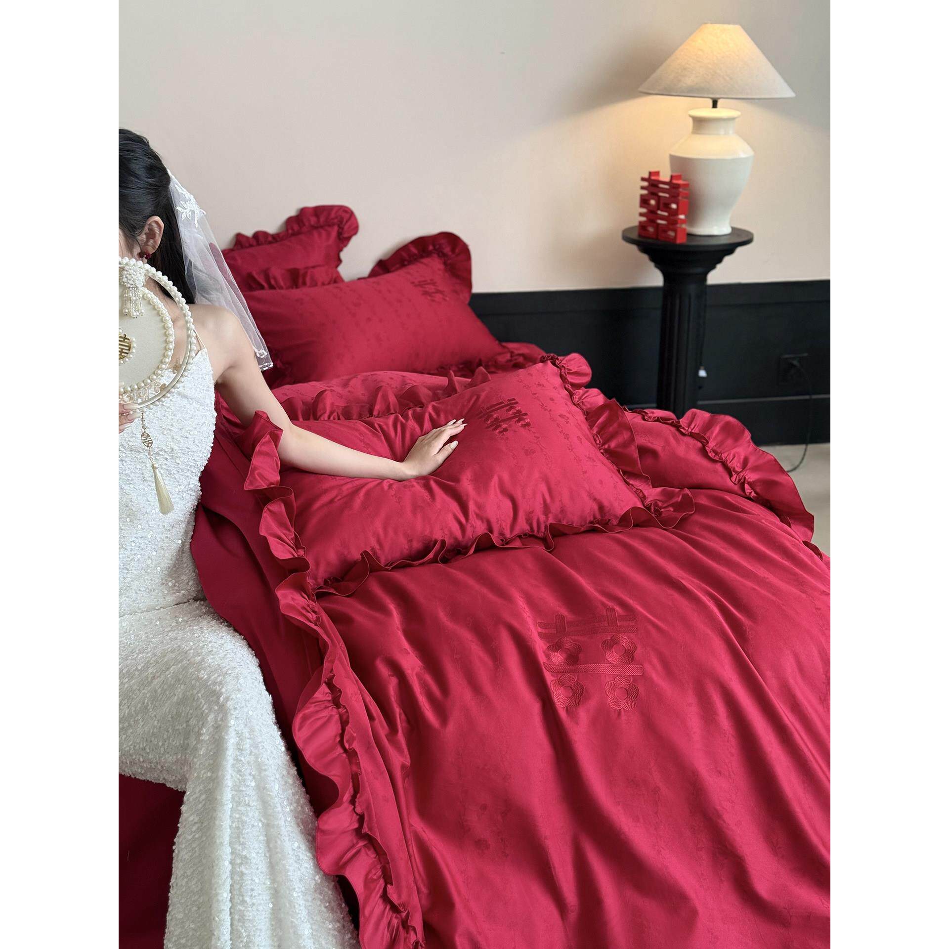 漫浪OBT法式婚庆四件套100S纯棉红色花边被套结婚用被送喜礼单床