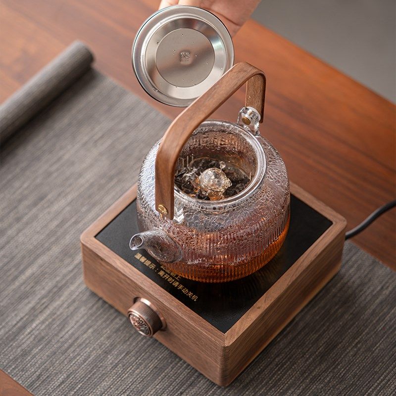 蕴华堂 胡桃木电陶炉玻璃蒸煮茶壶耐高温烧水壶提梁围炉茶具套装