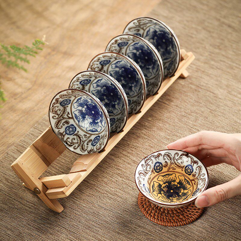 日式斗笠杯家用茶杯茶碗6个大号青花瓷器釉下彩主人杯陶瓷功夫茶