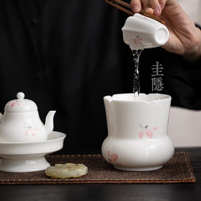 圭隐堂羊脂玉瓷手绘粉兰花建水洗水家用茶洗茶渣缸废水桶茶盂水盂