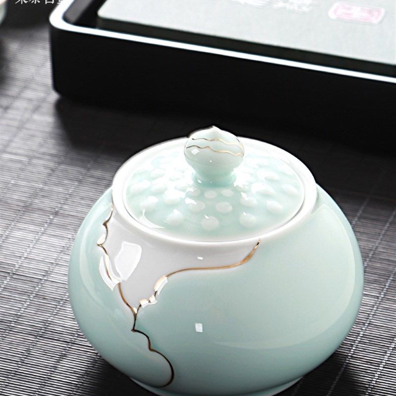 东茶西壶青瓷手绘茶叶罐密封罐防潮中号陶瓷茶缸普洱茶罐礼盒包装