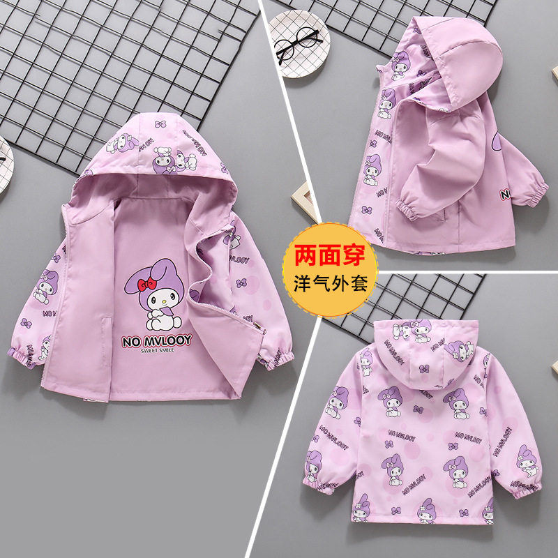 春秋新款 女童连帽两面穿外套卡通数码印花可爱风衣外套
