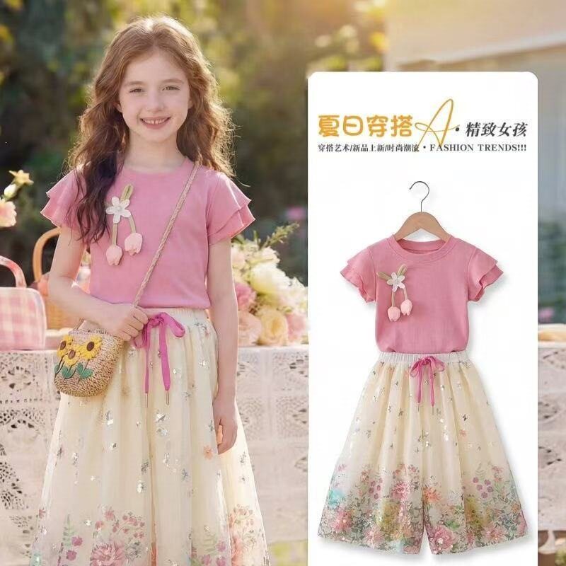 女童2026夏季新款洋气甜美荷叶袖短袖花苞裤套装女孩飞袖清新时尚