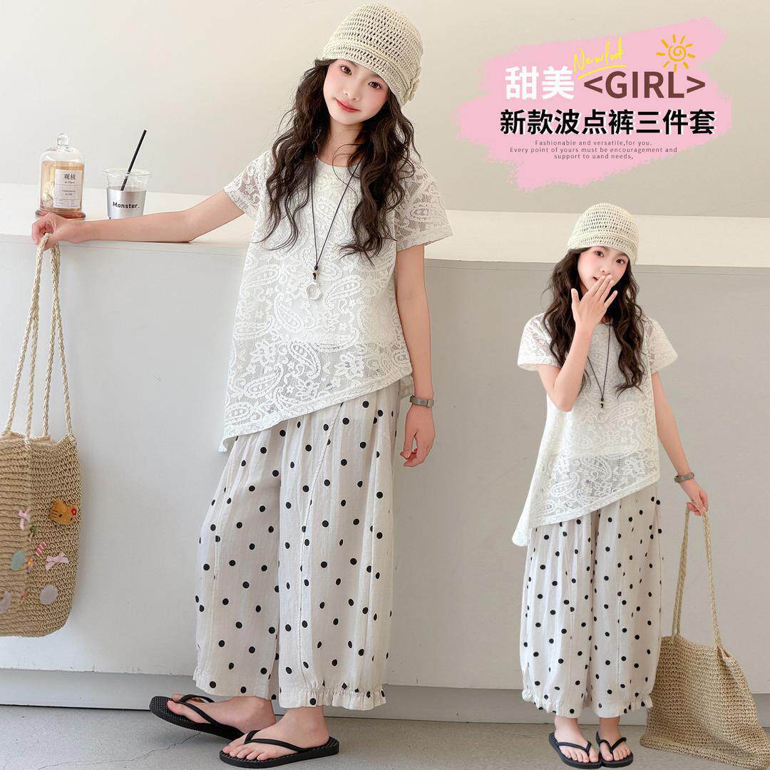 2026夏季新款韩版女童蕾丝短袖背心波点裤三件套夏季度假风套装潮