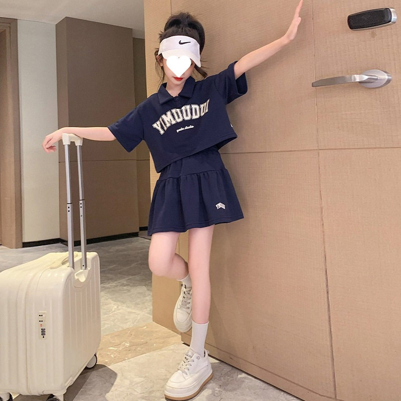 女童短裙套装2023夏季新款中大童时髦字母翻领Polo衫蓬蓬裙两件套