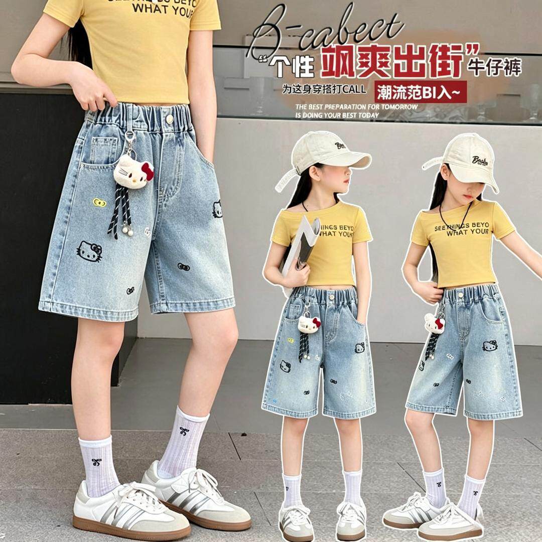 【爆款来袭~】2026夏款上新女童夏款KT猫绣花韩版洋气牛仔五分裤