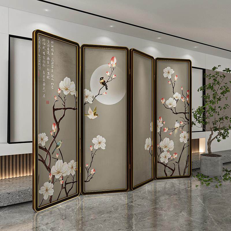 新中式屏风隔断客厅玄关装饰酒店大厅展厅可折叠移动花鸟金属折屏