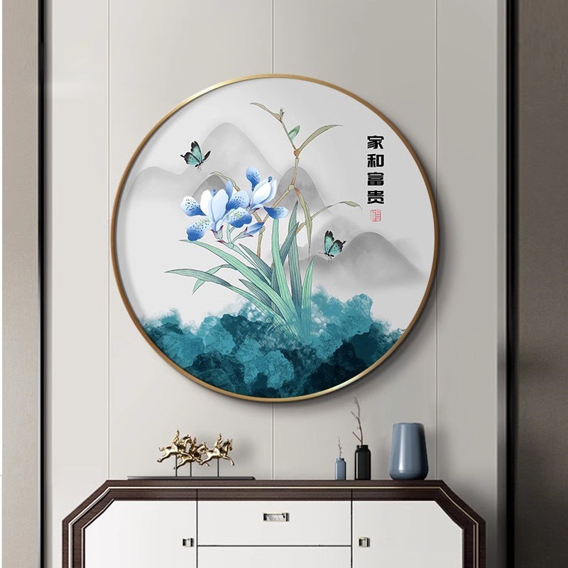 花开富贵中国风玄关挂画新中式客厅背景墙画牡丹花圆形餐厅装饰画