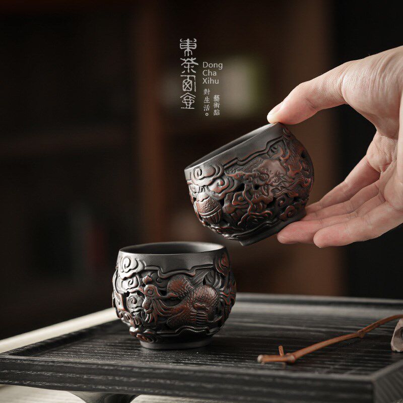 紫陶茶杯半手工浮雕品茗杯镂空双层主人杯陶瓷功夫茶具个人杯茶盏