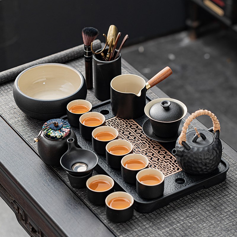 整套功夫茶具中式禅风黑简约盖碗家用办公茶盘粗陶泡茶壶茶具套装