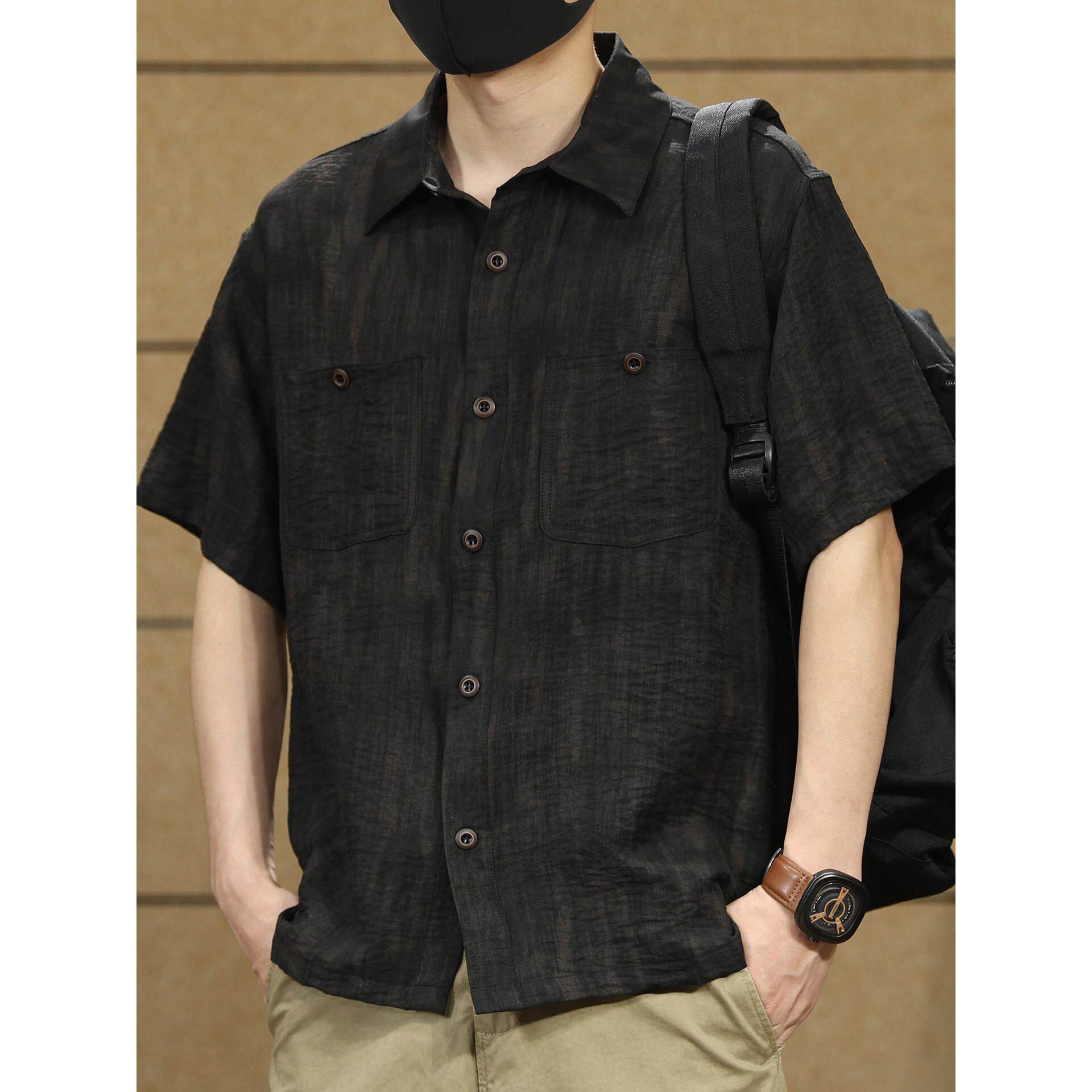 冰氧感透气亚麻混纺斑驳轧染薄款短袖衬衫男士夏季新款休闲衬衣男