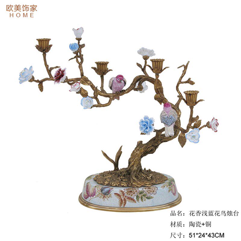 欧式美式纸巾盒陶瓷配铜古典客厅摆件瓷配铜双耳花盆花鸟烛台果盘