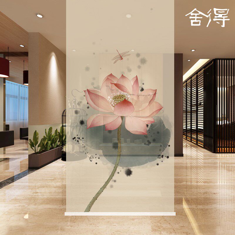 新中式意境禅意荷花卷帘纱帘书法写字室茶室个性定制软隔断屏风