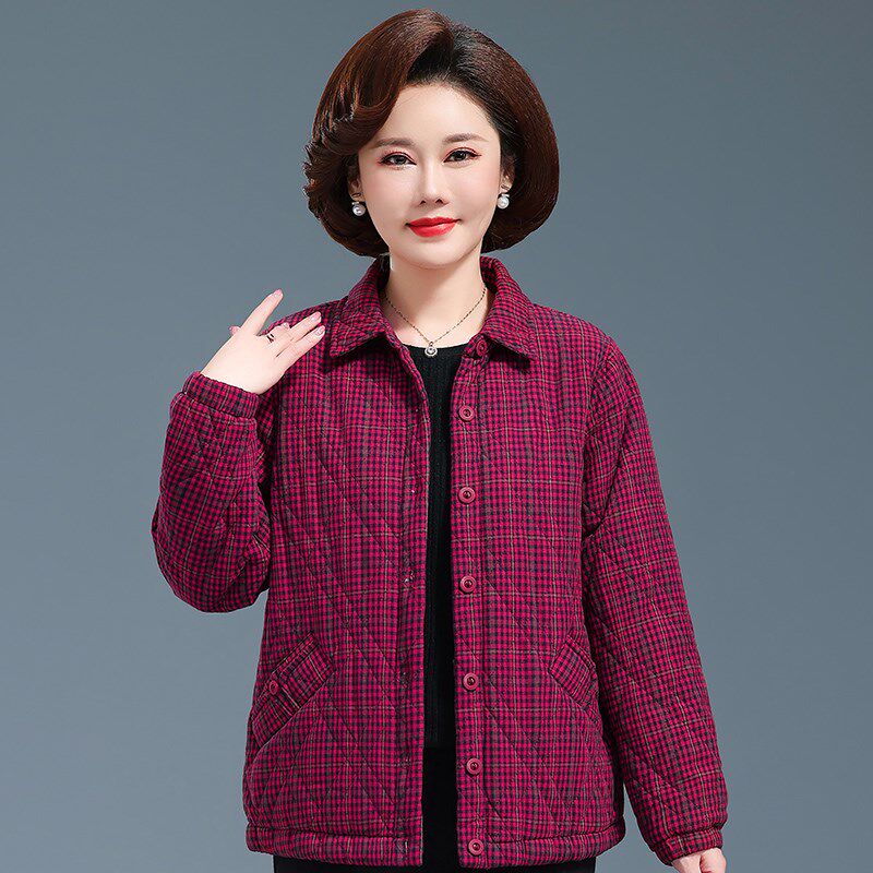 中老年女秋装夹棉衬衫外套老太太纯棉格子上衣奶奶宽松衣服妈妈装