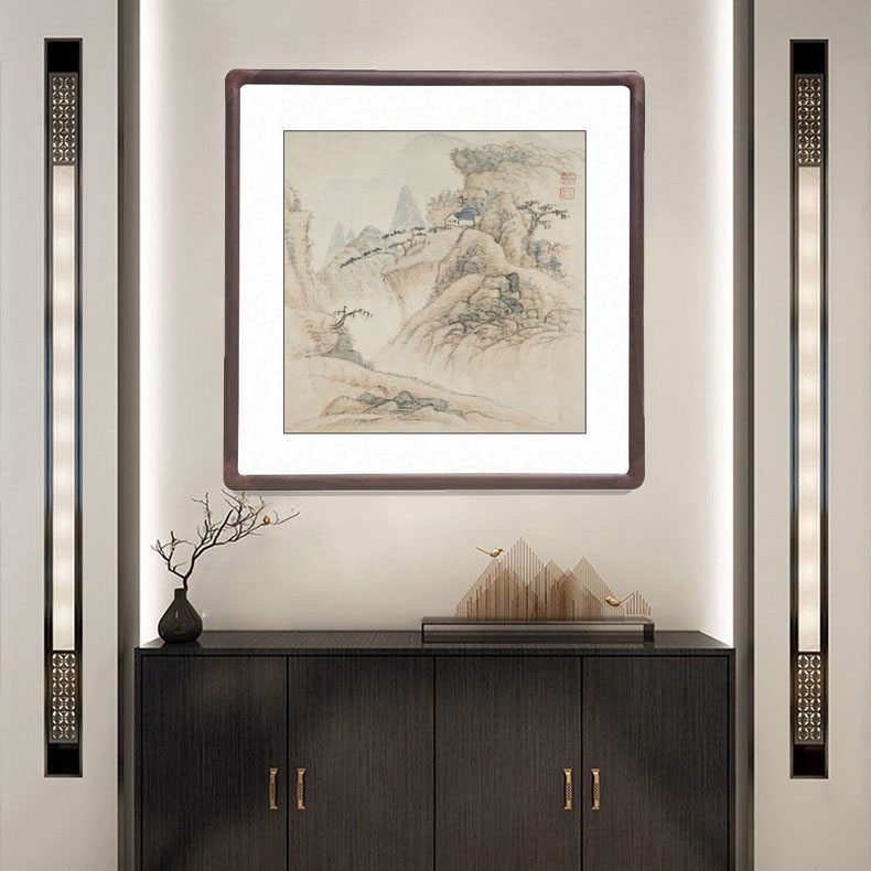 石涛国画山水画玄关走廊过道斗方形字画中式客厅装饰画办公室挂画