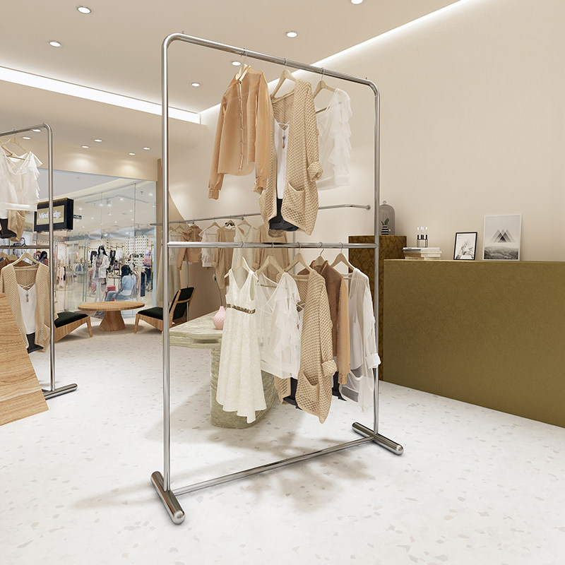 服装店展示架陈列道具不锈钢双层中岛架女装店银色服装架落地式