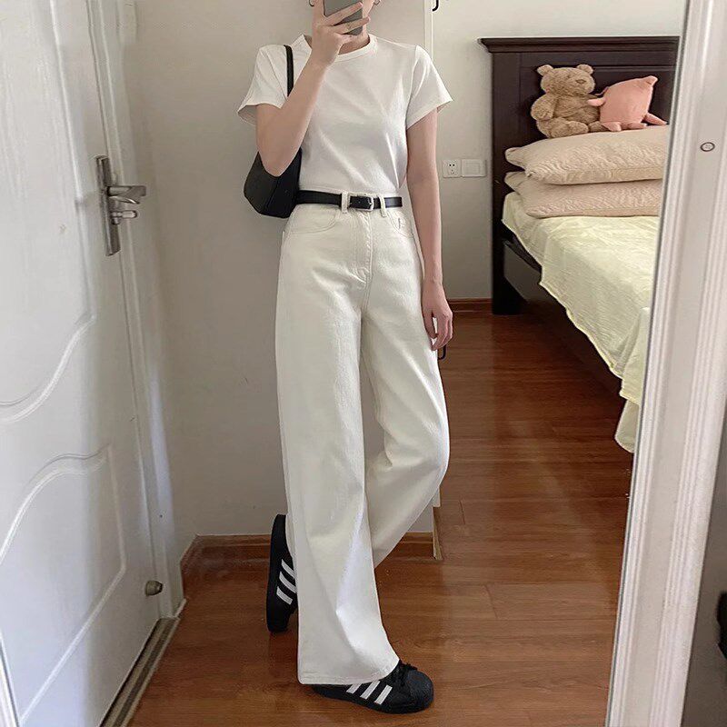 白色窄版阔腿牛仔裤女2025年春秋新款高腰小个子宽松垂感直筒裤子