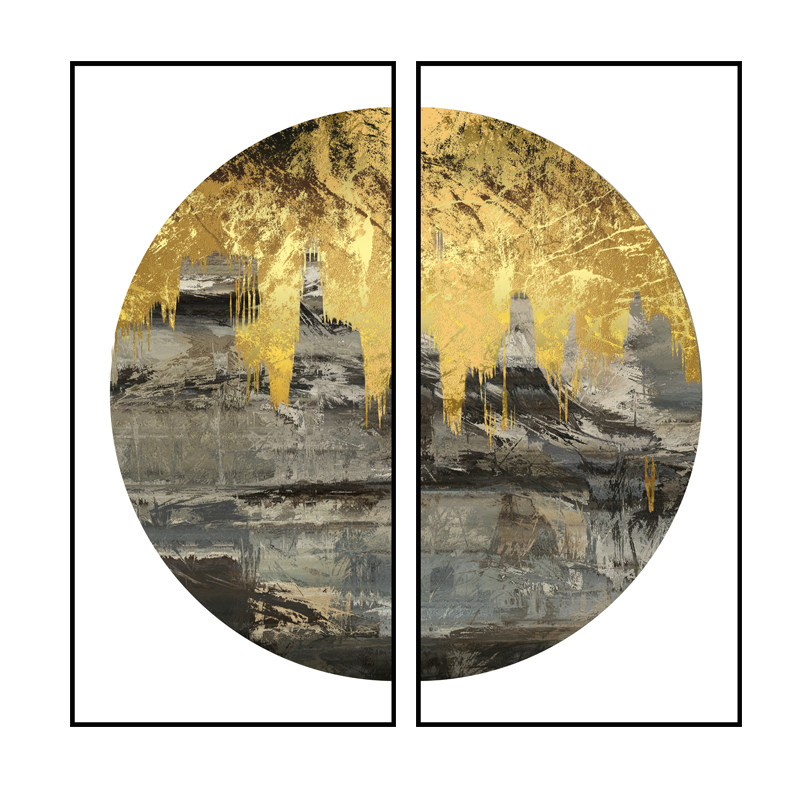 简约抽象玄关挂画新中式金色圆形餐厅卧室壁画二合一样板间装饰画