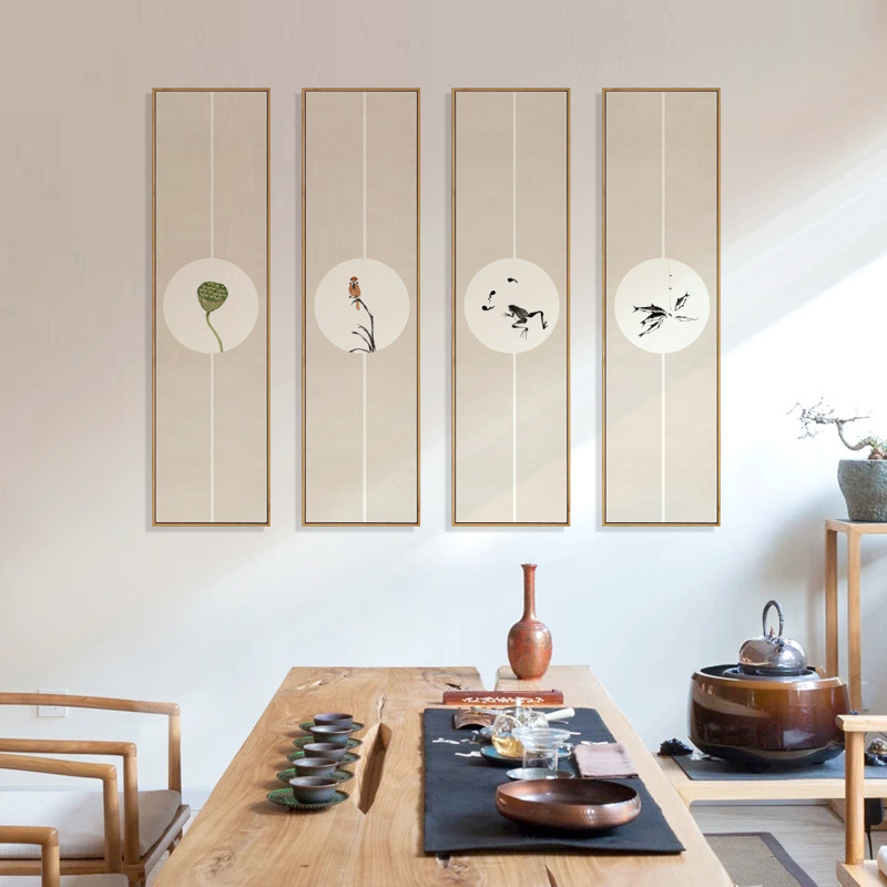 新中式客厅装饰画荷花莲花禅意挂画茶室四条屏花鸟小品墙画书房画