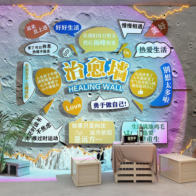 网红墙员工休息区吧台茶水间布置墙贴治愈系氛围感许愿背景墙贴纸