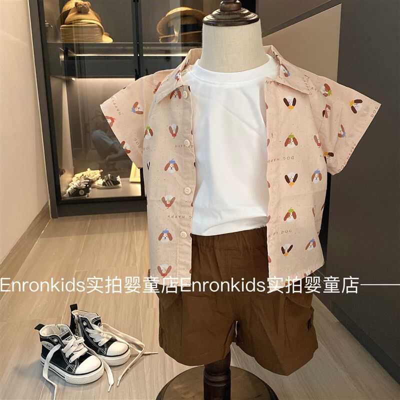 男宝宝夏季衣服婴儿薄款衬衫短裤套装时尚休闲工装裤度假风两件套