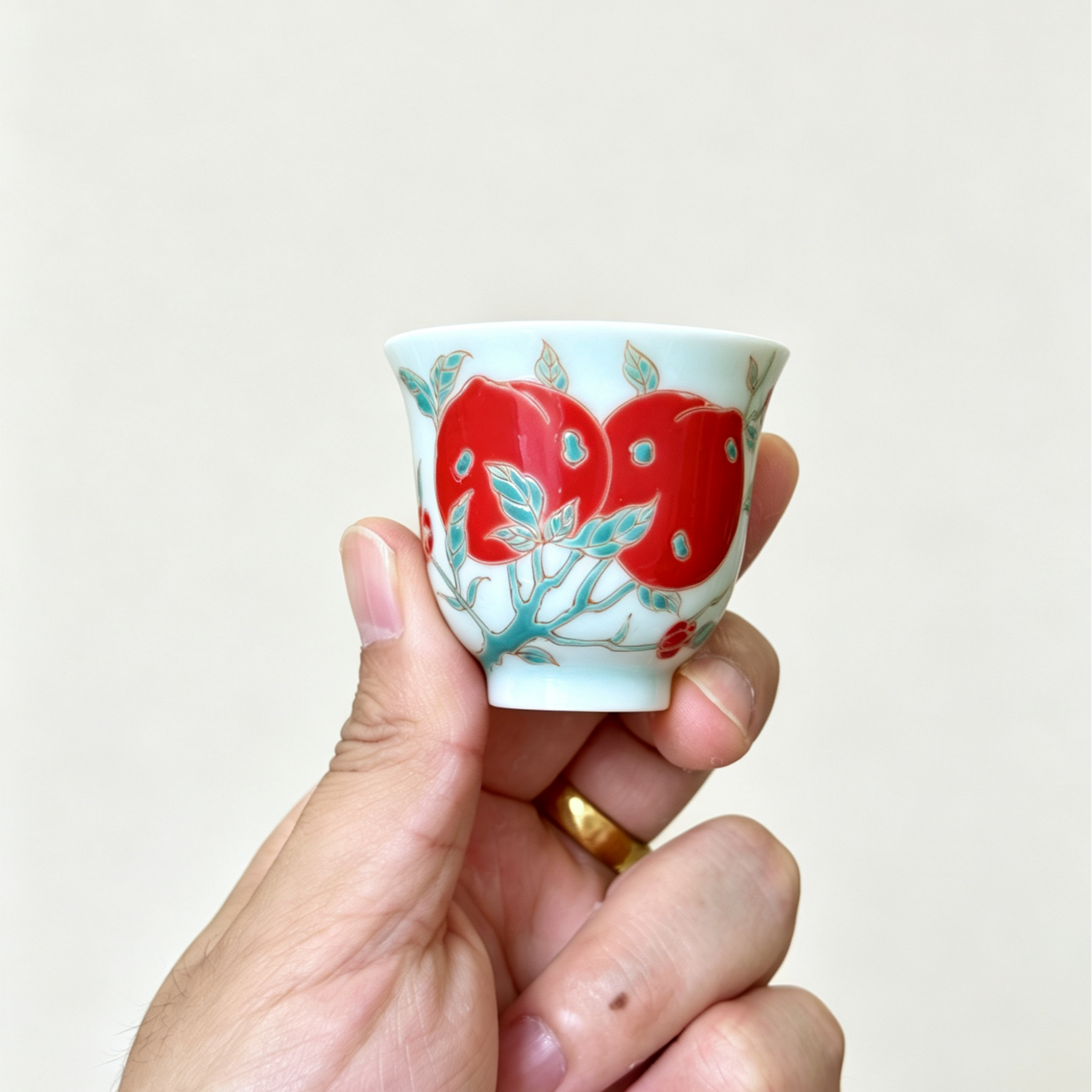 红绿彩手绘寿桃铃铛杯茶杯茶具泡茶杯子景德镇主人杯茶具套装喝茶