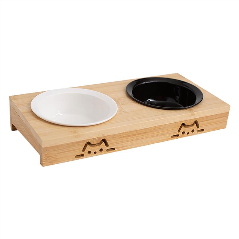 猫碗陶瓷黑色竹木碗架子防打翻饭碗幼猫双碗三连猫食盆水碗可刻字