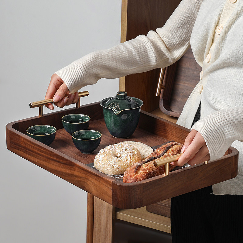 日式黑胡桃实木托盘长方形家用茶盘咖啡下午茶木质提手早餐盘酒店