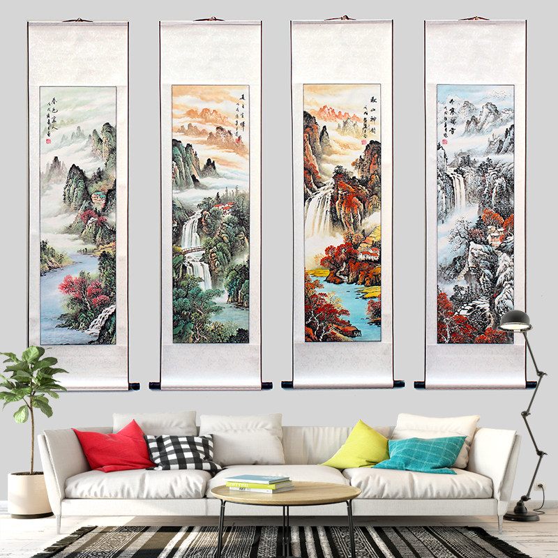 国画江南水乡办公室卷轴画丝绸画挂画客厅壁画水墨画山水画四条屏