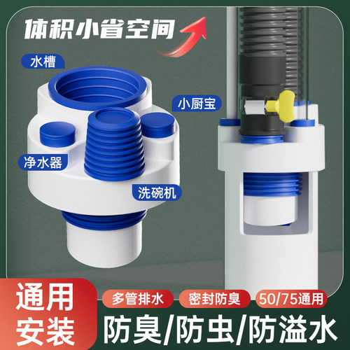 厨房多功能集成下水管道防臭密封塞通用净M水器小厨宝排水管分流