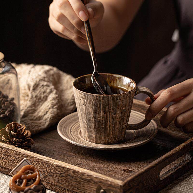 莳绘金缮日式复古陶瓷杯子咖啡杯碟套装粗陶拉花杯高档精致马克杯