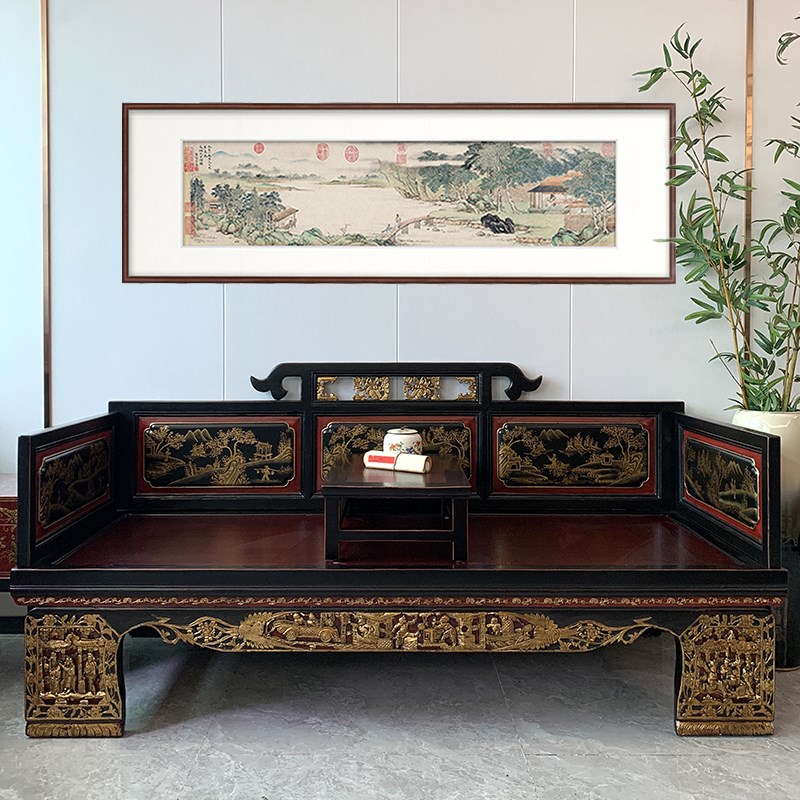 新中式仿古实木客厅书房沙发床做旧复古典藤面罗汉床榻明清贵妃椅