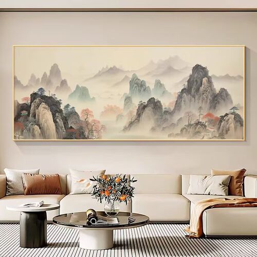 水墨山水画办公室西墙客厅挂画新中式靠山图一整幅沙发背景墙壁画