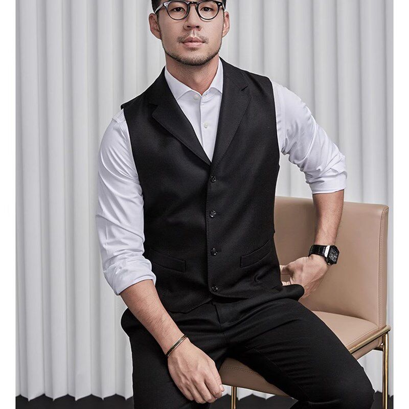 秋冬羊毛抗皱西服领马甲男士修身单排扣黑色百搭保暖时尚潮男背心