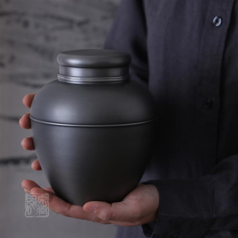 秦藏阁 锡罐中号日式款纯锡茶叶罐茶室家用装双盖密封存茶罐茶仓