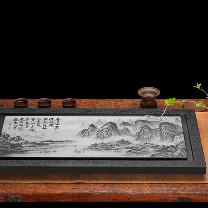 天然石材乌金石茶盘 家用 简约创意石茶盘 大小茶海 影雕石茶盘