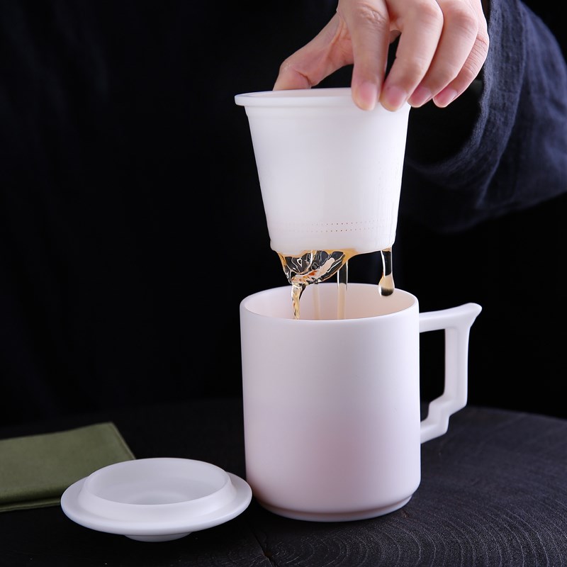 陶瓷泡茶杯子带盖办公室泡茶杯素烧羊脂玉过滤杯虑茶杯子定制logo