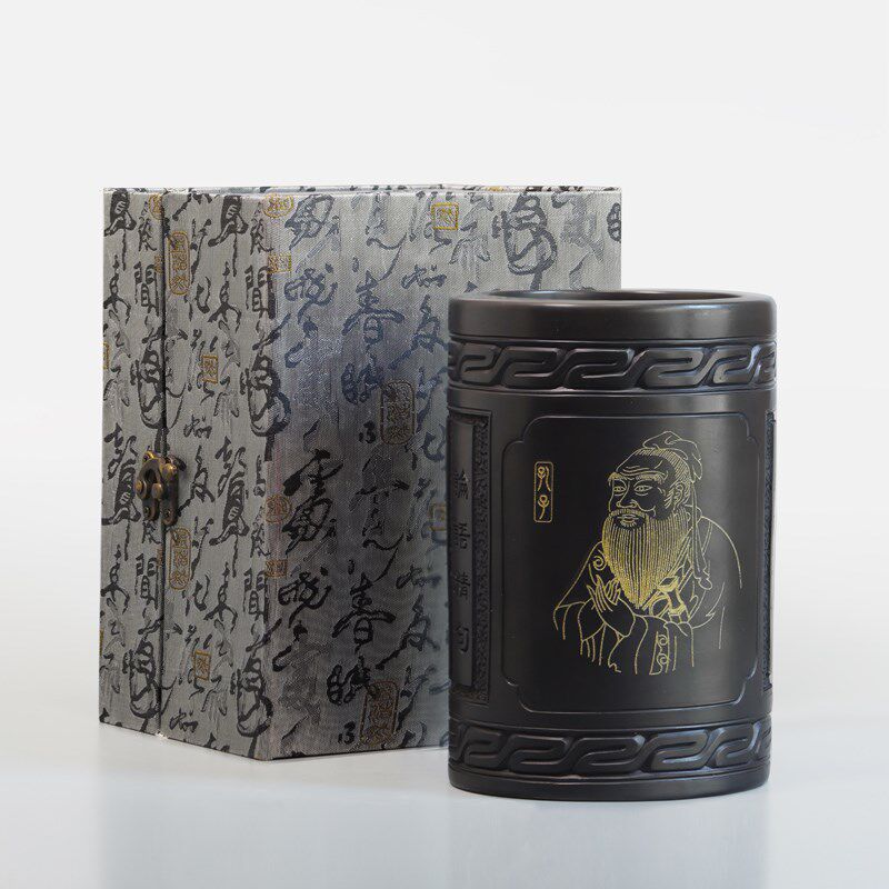山东济南章丘龙山黑陶笔筒孔子特色文创礼品送老师毕业纪念品刻字