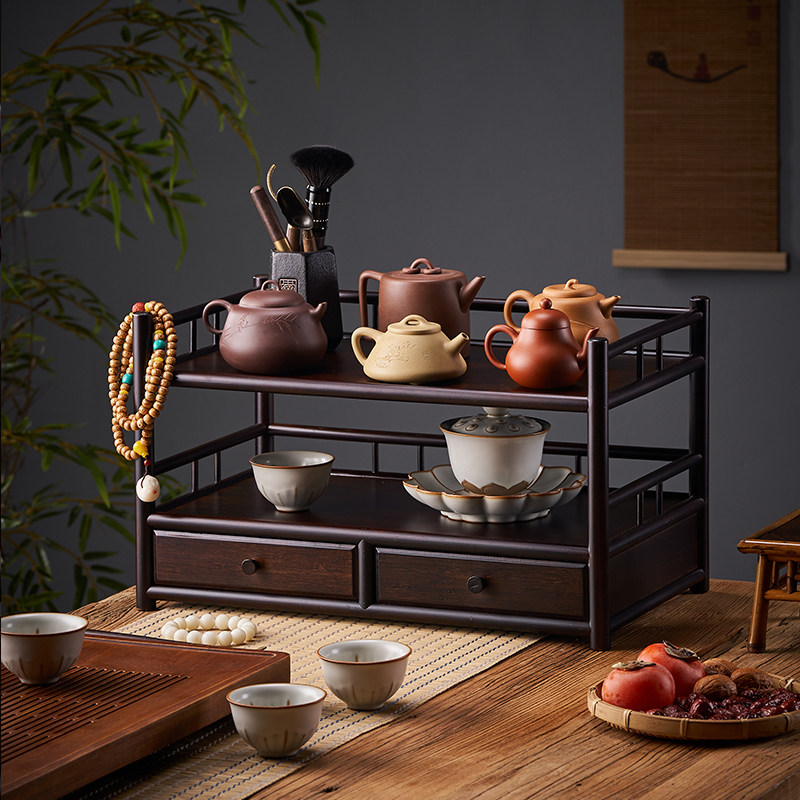 台式博古架中式茶桌旁边置物柜茶具紫砂壶收纳展示中式功夫茶杯架