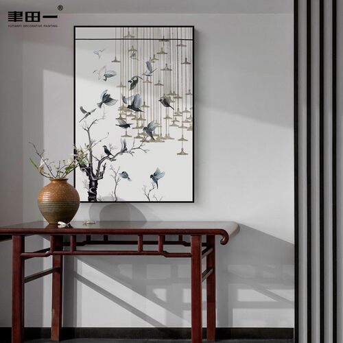 新中式玄关花鸟装饰画书房素雅禅意壁画客厅茶室竖版民宿床头挂画