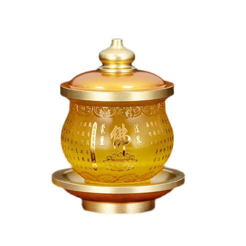 仿琉璃供水杯观音圣水杯莲花供杯家用财神净水杯佛具黄色心经水杯