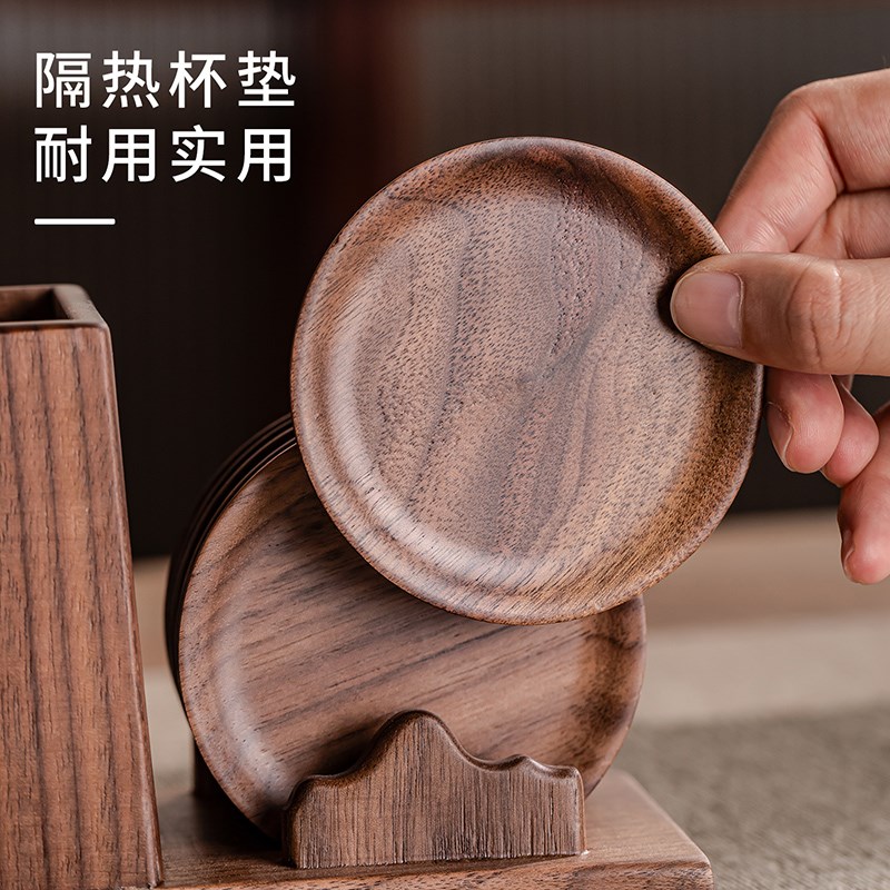 瓷牌茗胡桃木茶道六君子杯垫套装高档木质隔热茶托茶垫茶桌零配件