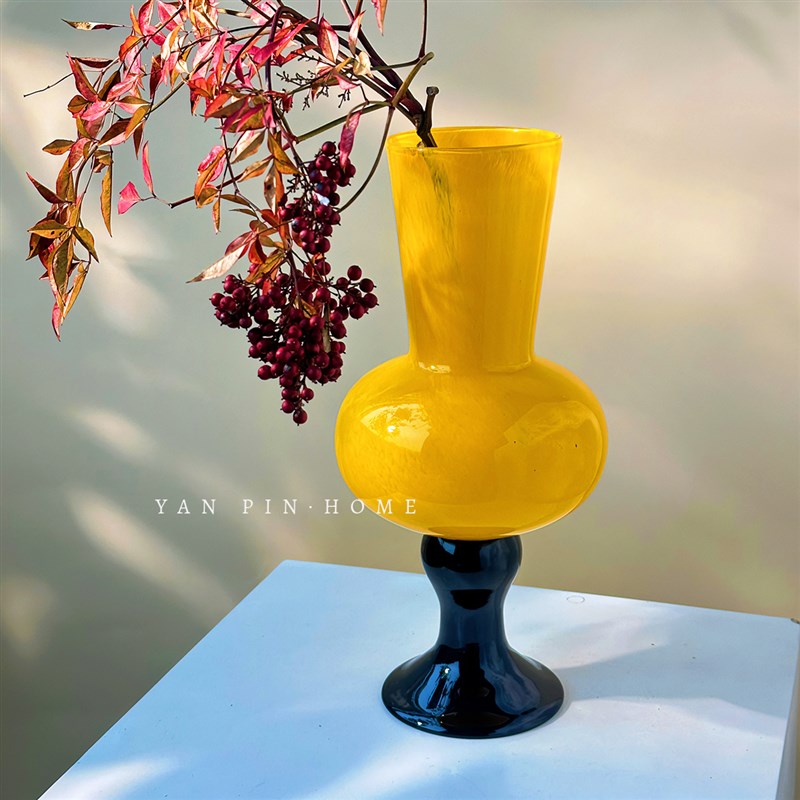 橙色高脚花瓶中古风摆件琉璃水养鲜花插花客厅装饰高级感玻璃花器