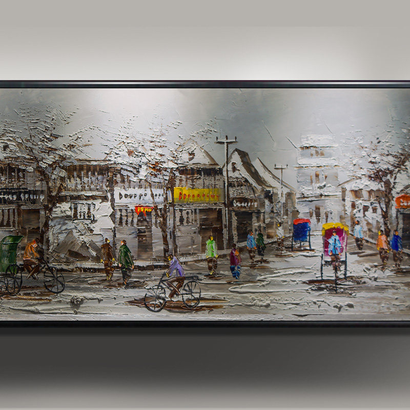 手绘油画复古怀旧北京挂画客餐厅卧室床头画背景墙咖啡横幅装饰画