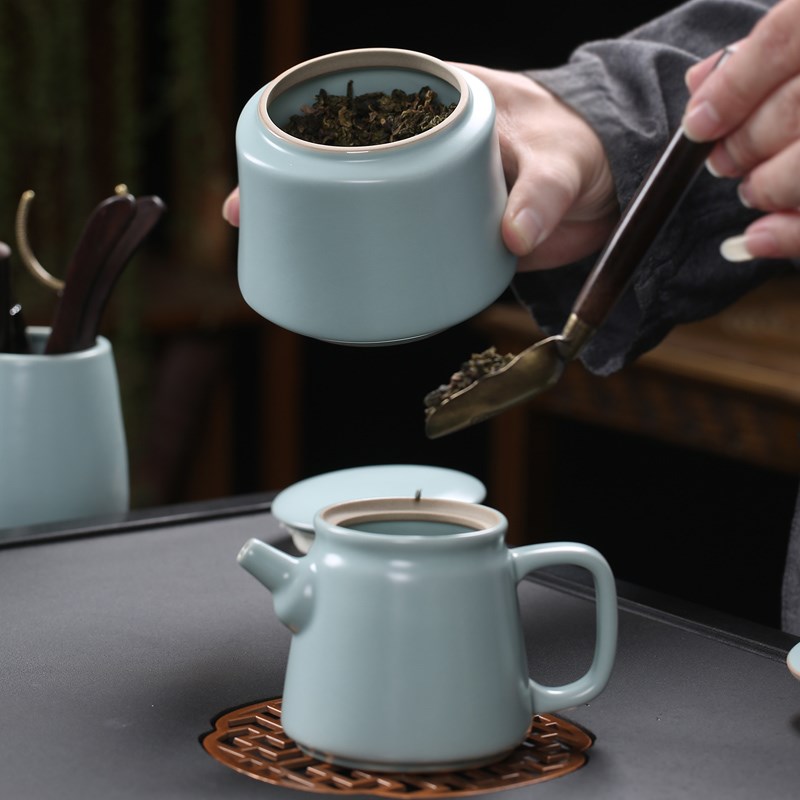 新款天青汝窑功夫茶具套装家用高档泡茶壶盖碗茶杯开片瓷器礼盒装