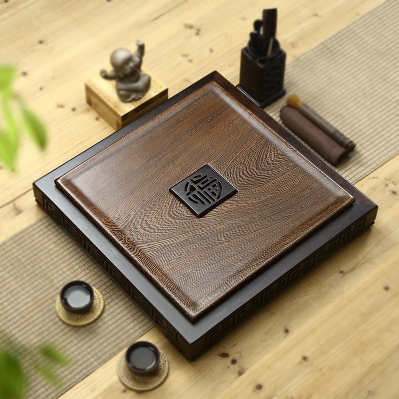 整块鸡翅黑檀实木茶盘四方简约茶海整套陶瓷哥窑汝窑功夫茶具套装
