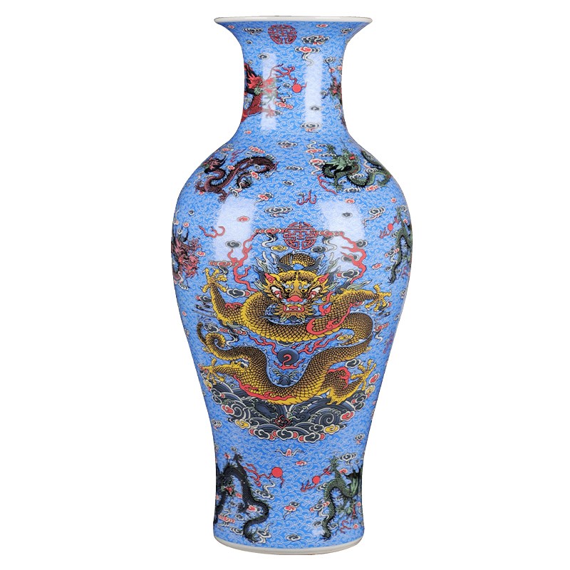 景德镇陶瓷器夜光九龙鱼尾瓶新中式家居装饰品客厅博古架仿古摆件